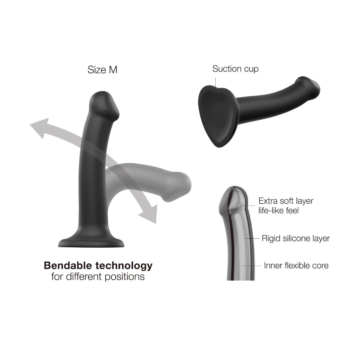 Strap On Me - Semi-Realistic Dual Density Bendable Dildo Black - M - Image 2
