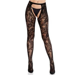 Rose Lace Crotchless Tights with Open Back Black OS
