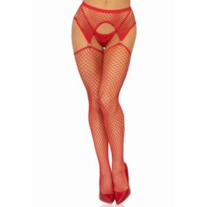 Net Stockings with O-Ring Garter Belt Red OS