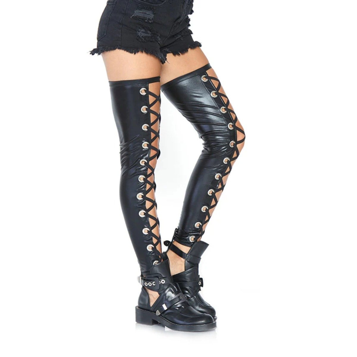 Wetlook Footless Lace Up Thigh Black M/L - Image 3