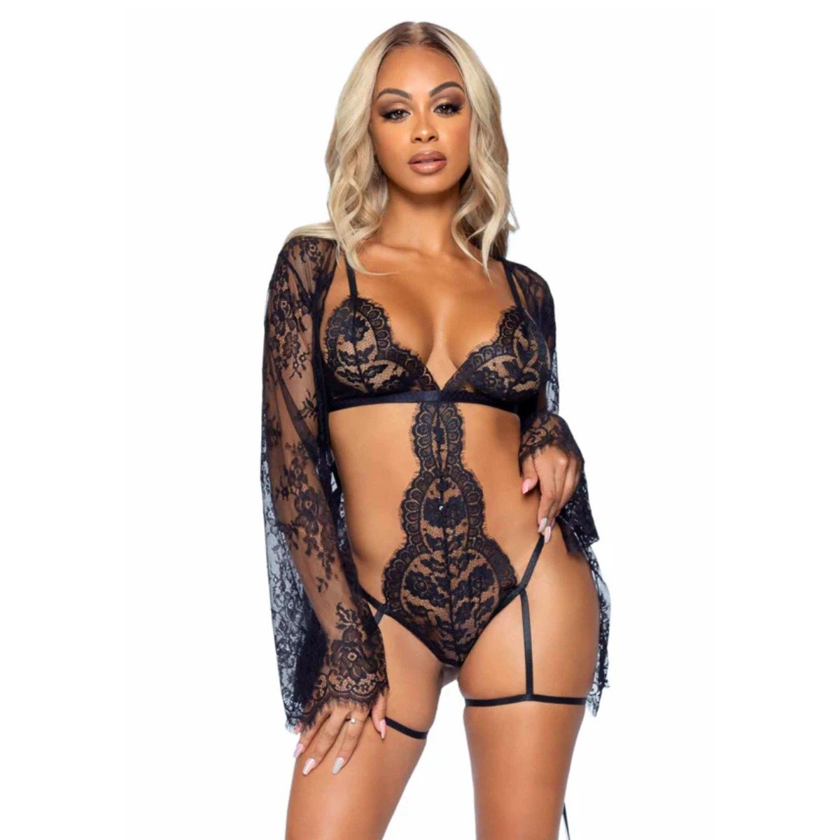 Garter Teddy with String Back and Robe Black Medium - Image 4