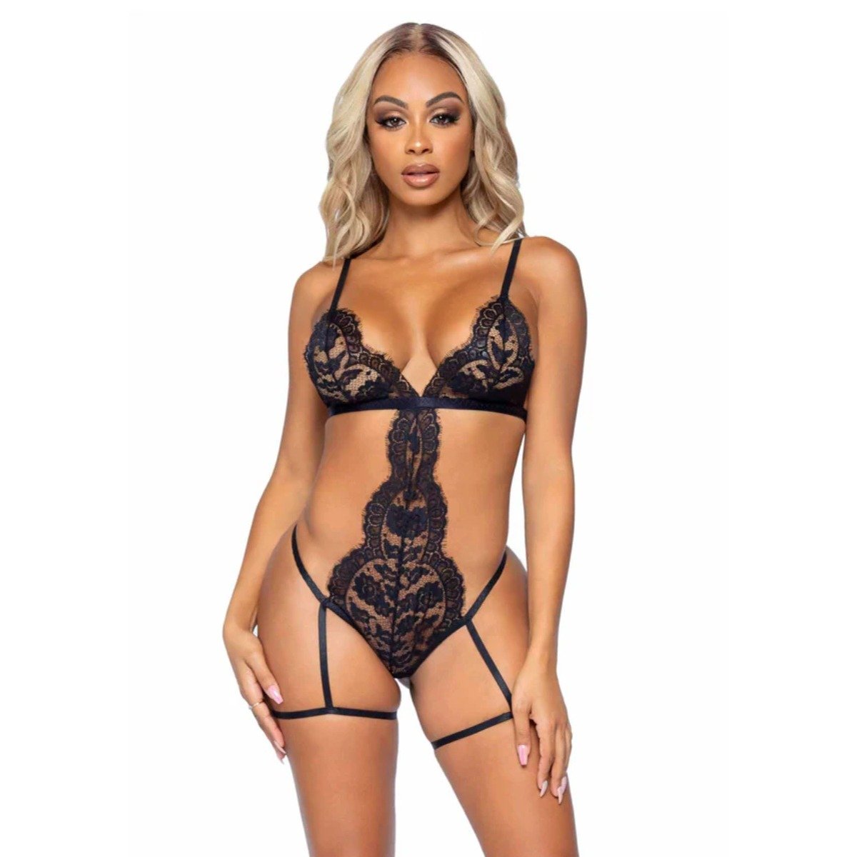 Garter Teddy with String Back and Robe Black Medium - Image 3