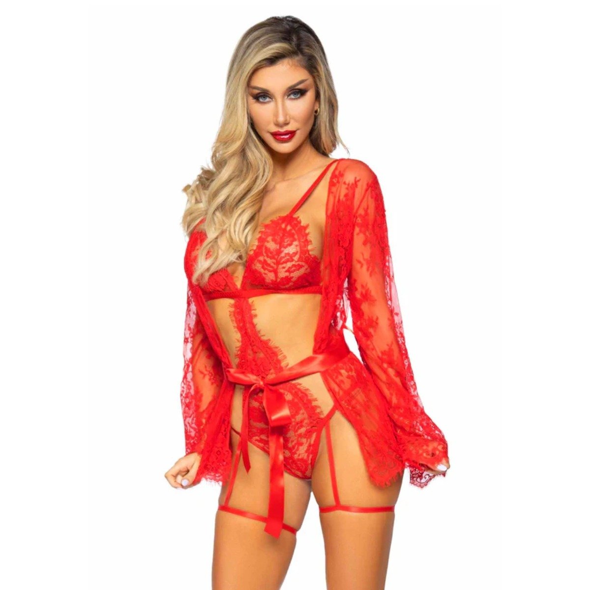 Garter Teddy with String Back and Robe Red Small