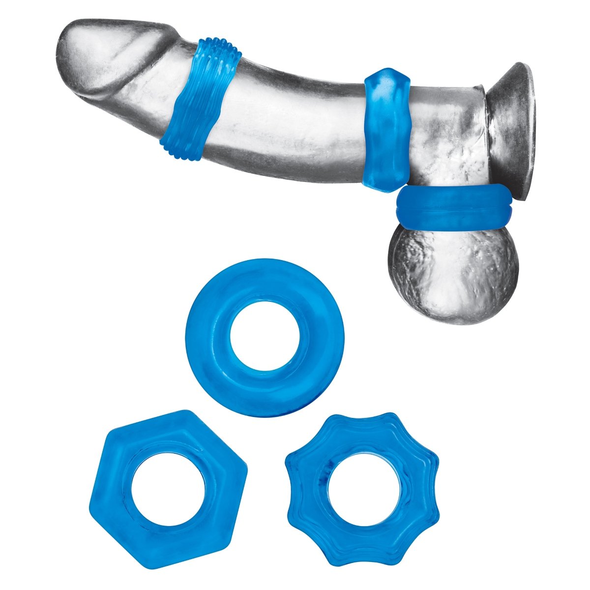 Blue Line 3 Pack Nuts & Bolts Stretch Cock Ring Set - Image 3