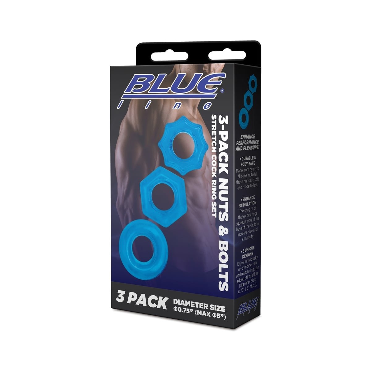Blue Line 3 Pack Nuts & Bolts Stretch Cock Ring Set - Image 2