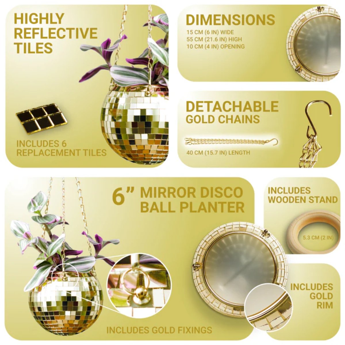 Disco Ball Hanging Planter Gold - 6in - Image 3