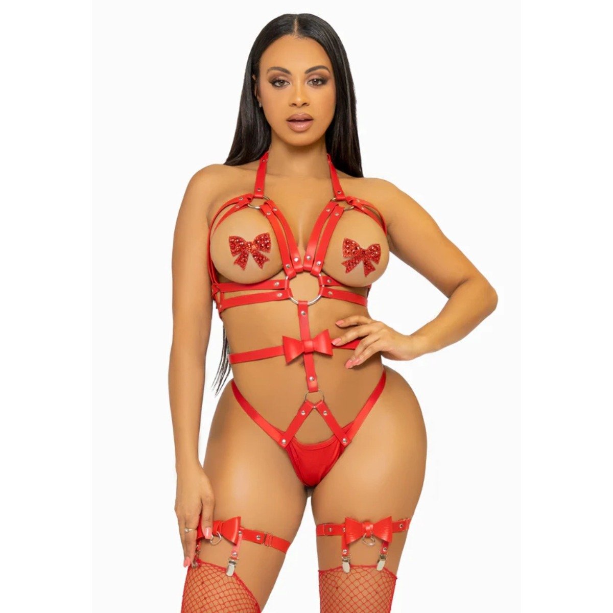 Vegan Leather Harness with Bow Red Large - Image 6
