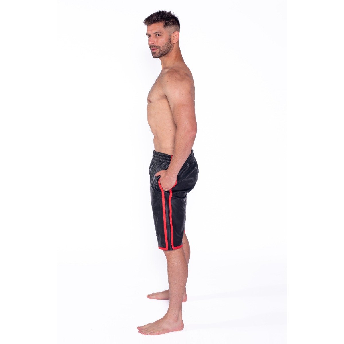 Prowler RED Leather Long Sports Shorts Black with Red Large - Image 3
